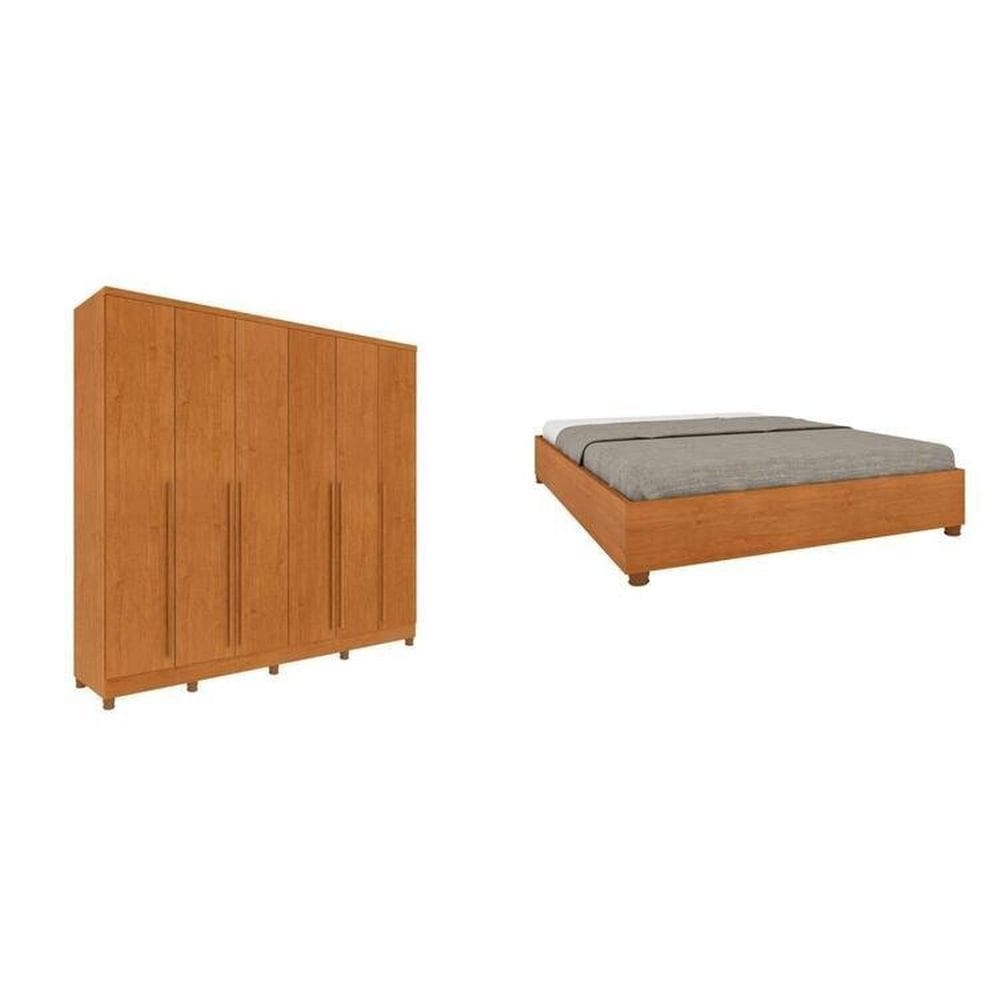 CONJUNTO GUARDA ROUPA CASAL 6 PORTAS 8 GAVETAS PUXADOR MDF COM PÉS E CAMA CASAL ESPRESSO MÓVEIS Cinamomo/Cinamomo