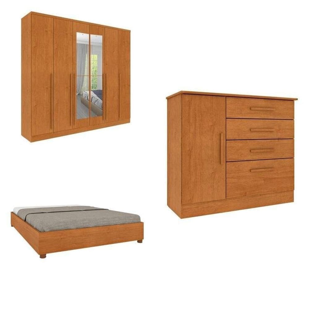 CONJUNTO GUARDA ROUPA CASAL COM PUXADOR MDF PORTUGAL COM ESPELHO CAMA CASAL E CÔMODA ESPRESSO MÓVEIS Cinamomo/Cinamomo