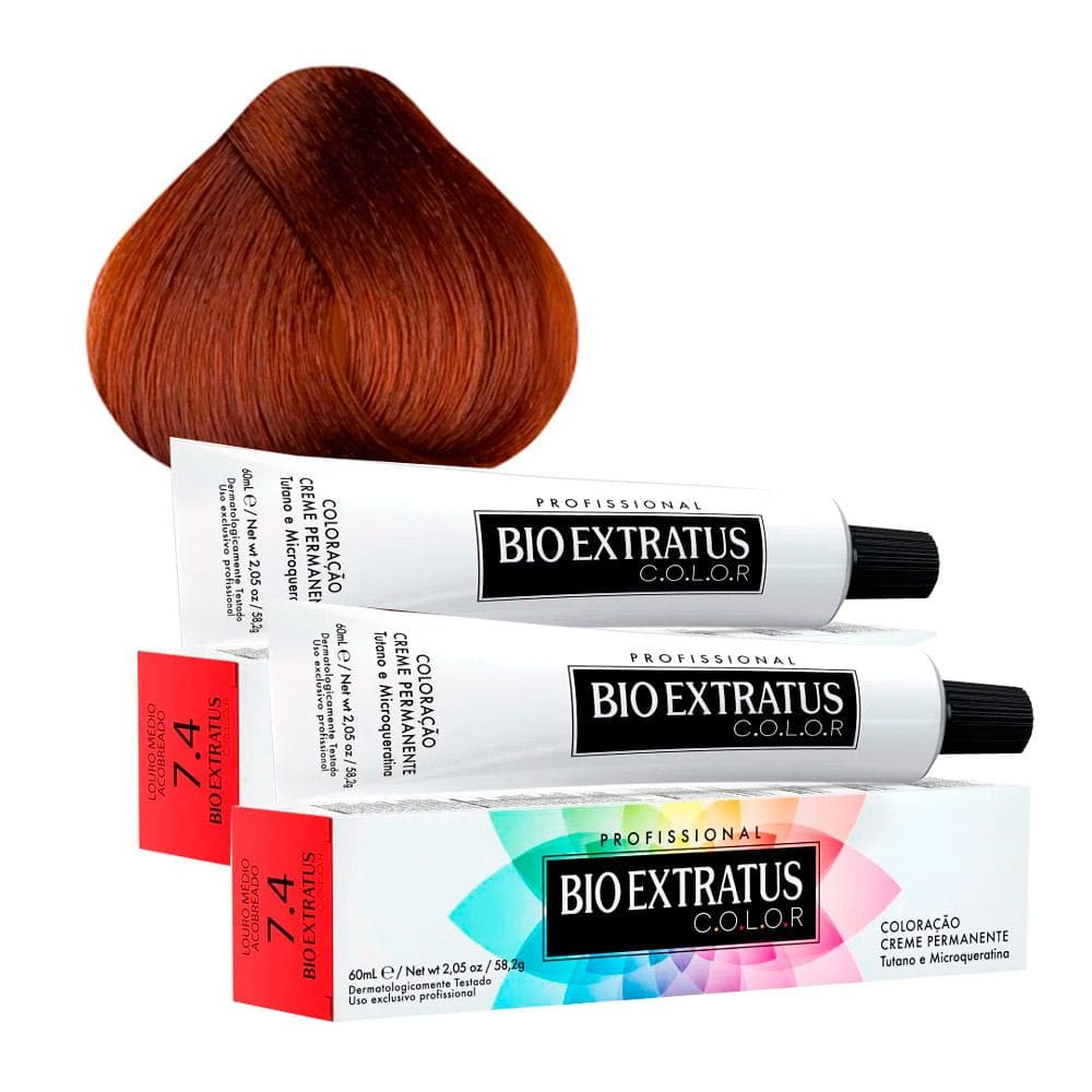 Tintura Creme Bio Extratus Color Louro Médio Acobreado 7.4 60ml  Kit com duas unidades