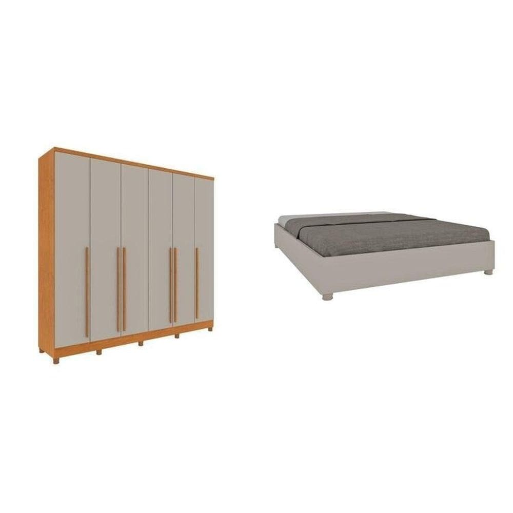CONJUNTO GUARDA ROUPA CASAL 6 PORTAS 8 GAVETAS PUXADOR MDF COM PÉS E CAMA CASAL ESPRESSO MÓVEIS Cinamomo/Off White
