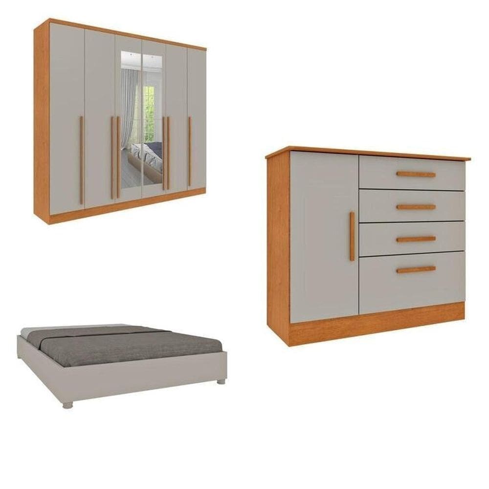 CONJUNTO GUARDA ROUPA CASAL COM PUXADOR MDF PORTUGAL COM ESPELHO CAMA CASAL E CÔMODA ESPRESSO MÓVEIS Cinamomo/Off White