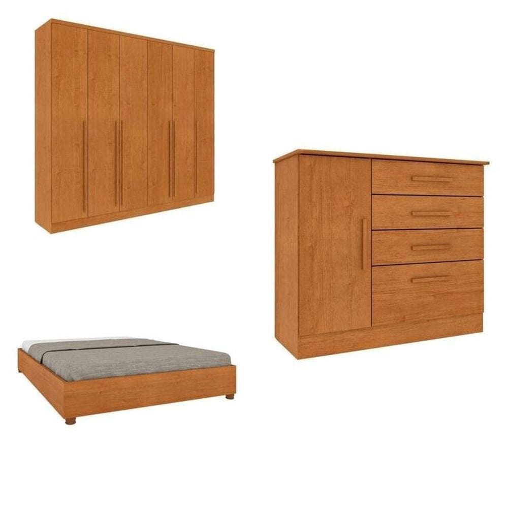CONJUNTO GUARDA ROUPA CASAL COM PUXADOR MDF CAMA CASAL E CÔMODA CHICAGO ESPRESSO MÓVEIS Cinamomo/Cinamomo