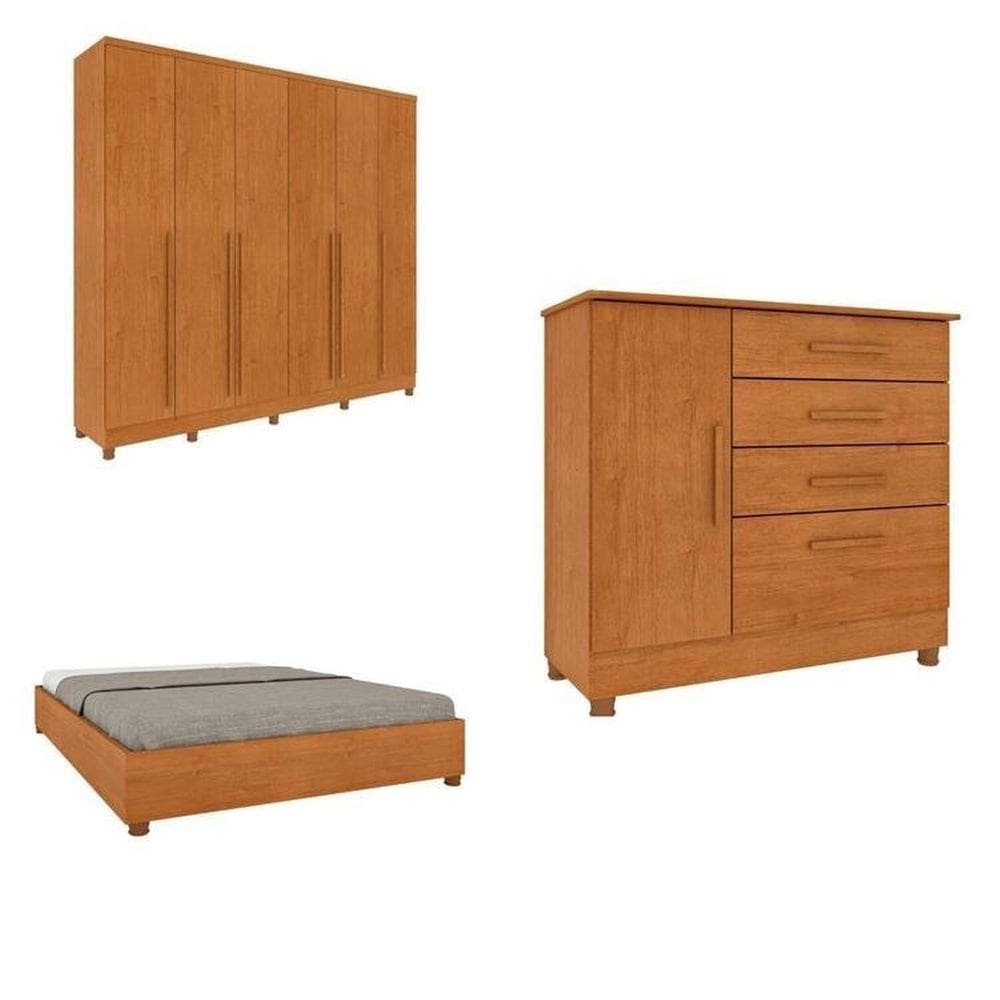 CONJUNTO GUARDA ROUPA CASAL COM PUXADOR MDF PORTUGAL COM PÉS CAMA CASAL E CÔMODA ESPRESSO MÓVEIS Cinamomo/Cinamomo