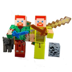 Kit Cartelado Conjunto Minecraft 2 Bonecos + 1 Bloco + 1 Vaca + 1 Espada Minecraft 31cm
