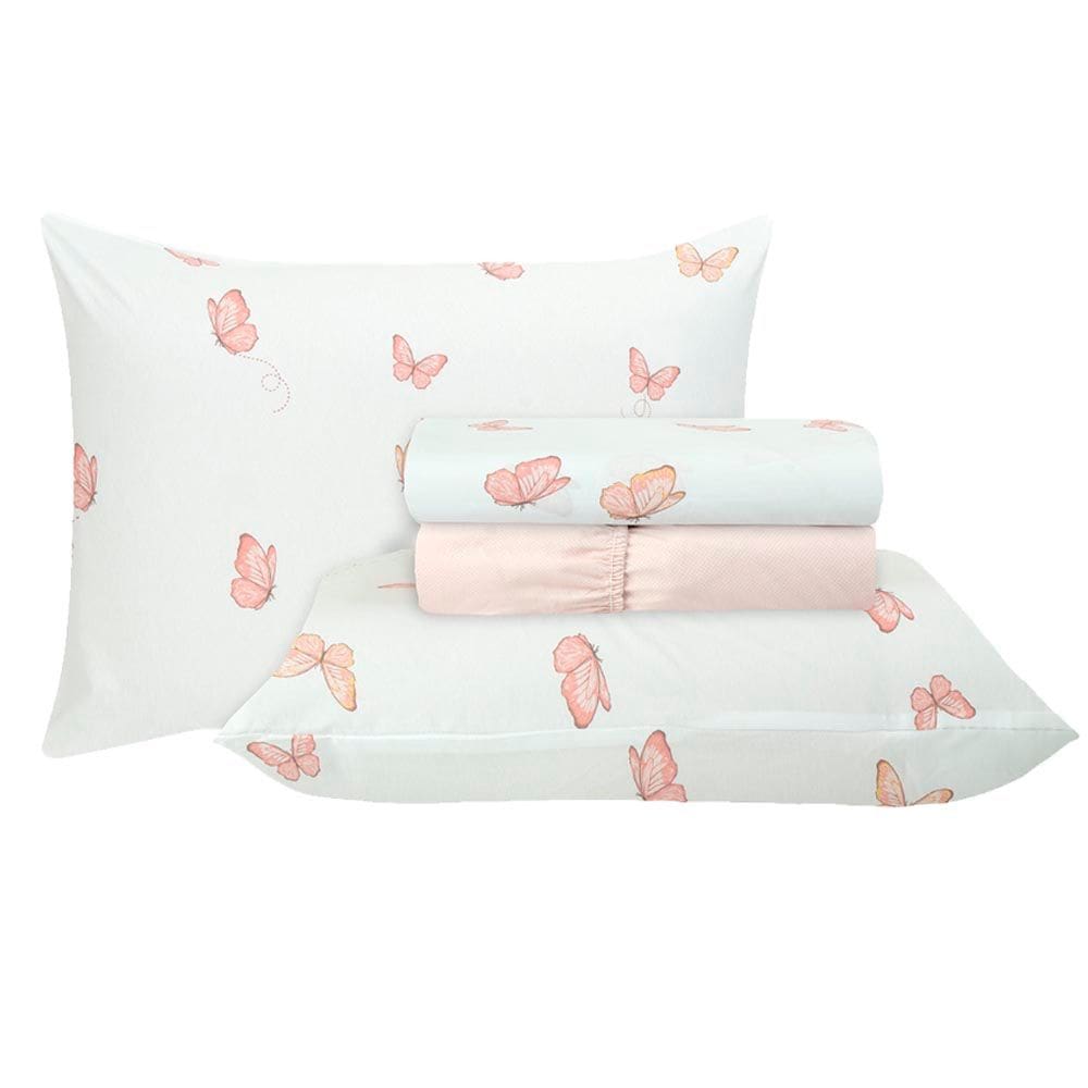 Jogo de Cama Duplo Casal 4 Peças Percal 180 Fios Borboleta Sonhare Prata