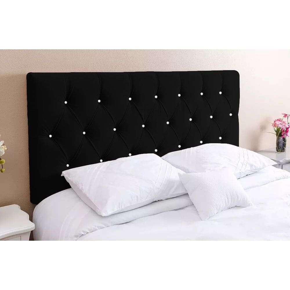 Cabeceira Casal 138  - Bello Box - Estilo Capitonê Suede Preto Com Strass