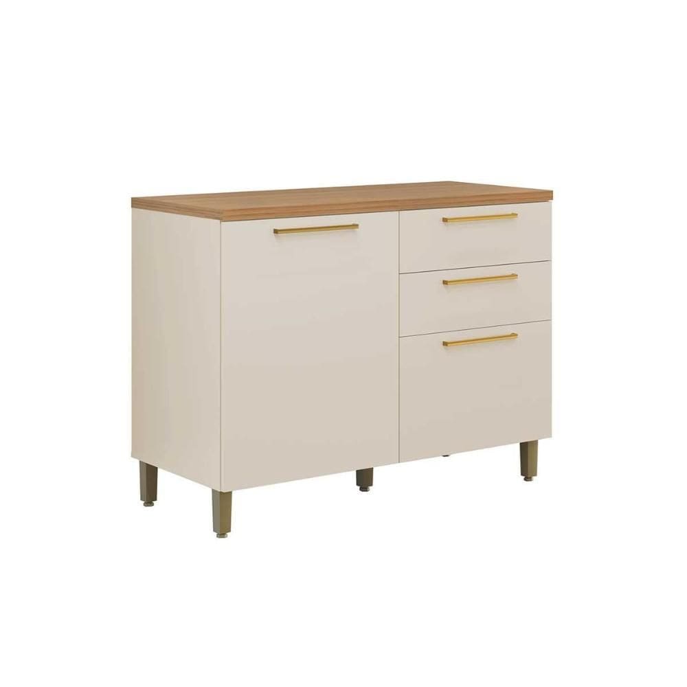 Gabinete de Cozinha Modulado c/ Tampo Atena c/ 1 Porta e 3 Gavetas 120cm Jequitiba/Off White Fosco - Linea Brasil