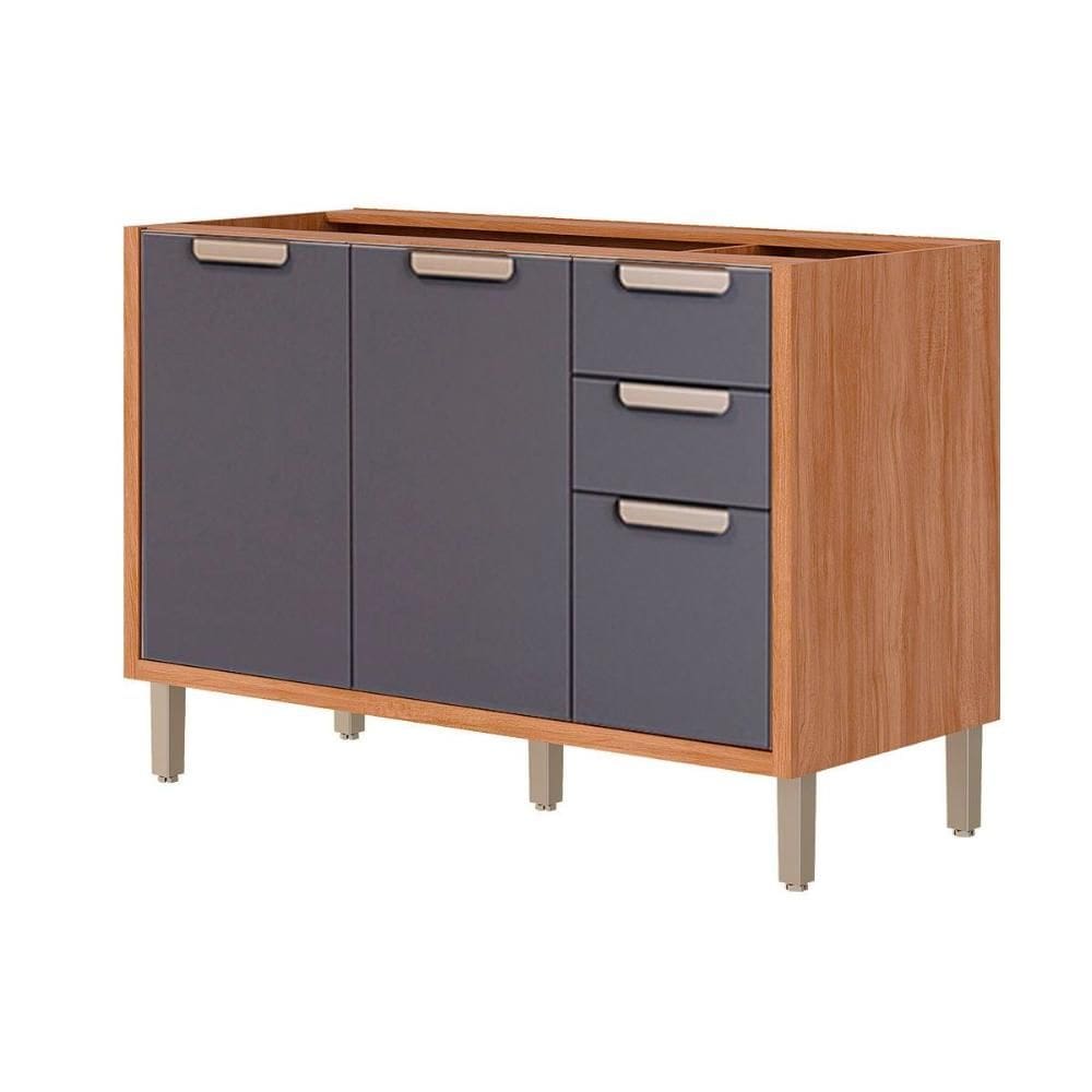 Gabinete p/ Pia Cozinha Balcão s/ Tampo Eloise c/ 2 Portas e 3 Gavetas 120cm Cinamomo/Titanium - MGM