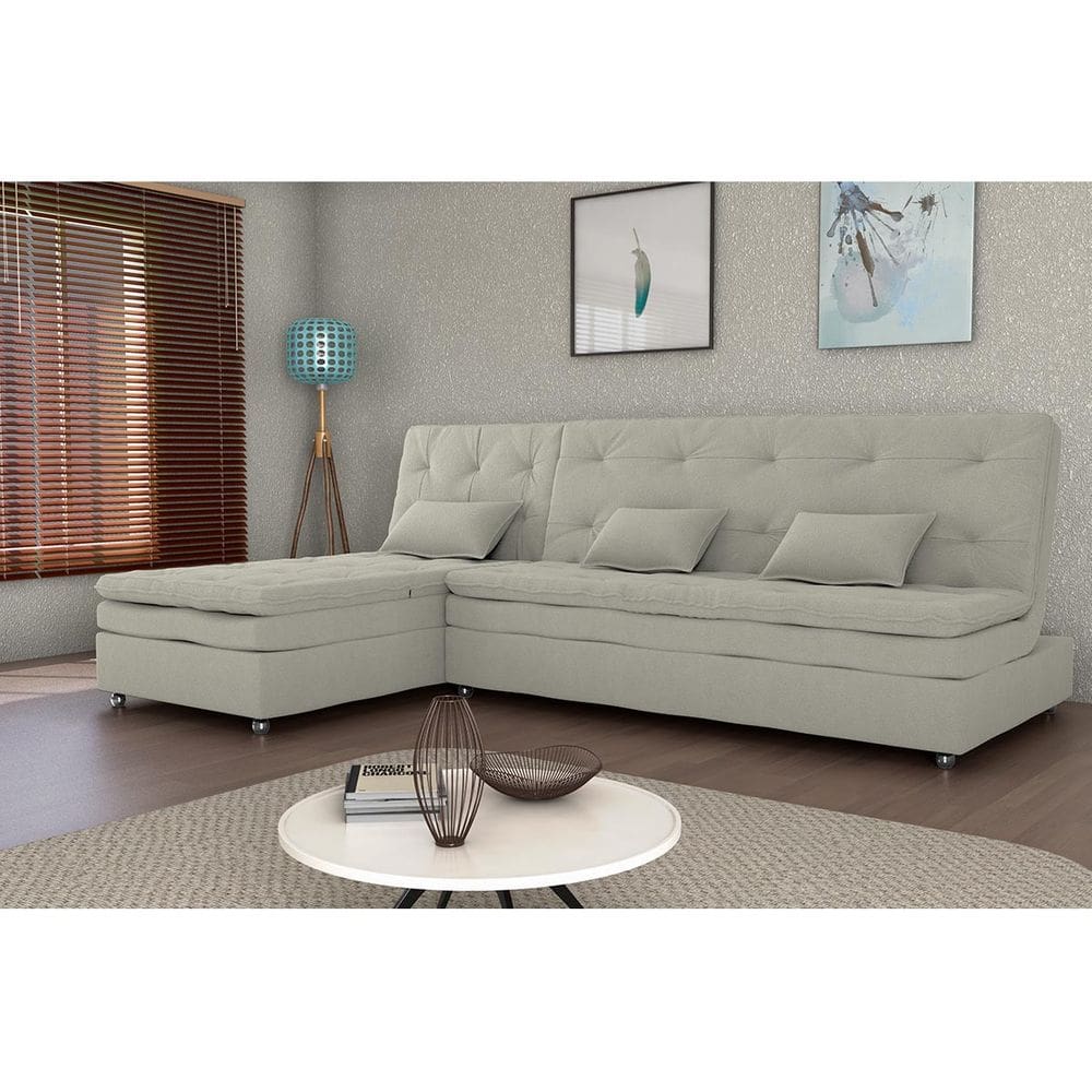 Conjunto para Sala Penelope Sofá-cama 3 Lugares com Chaise reclinável Bouclê Natural - Matrix