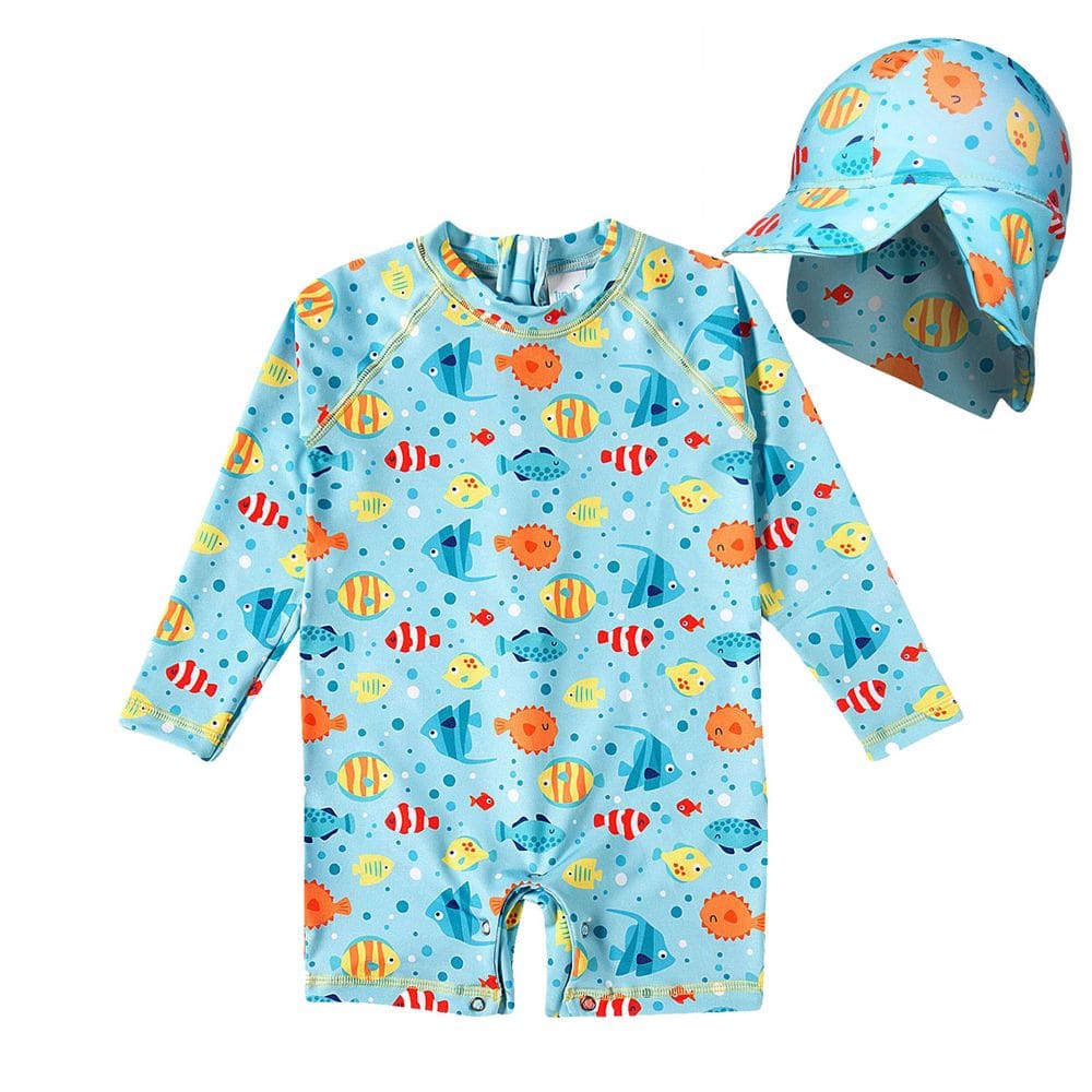 Macaquinho Praia Infantil com Boné Proteção UV 50+ Estampas Tip Top