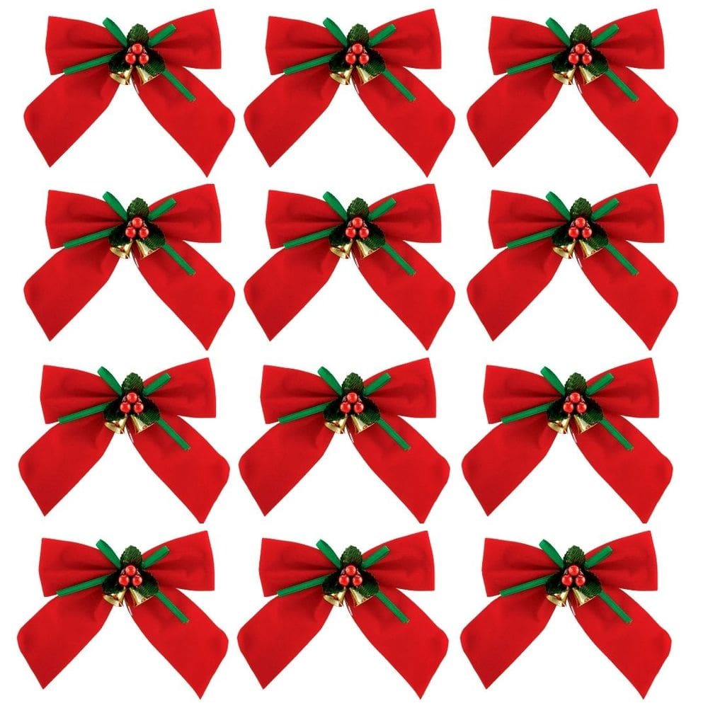 Kit Laço Vermelho Decorado Natal 11x11cm 12 Peças - Magizi