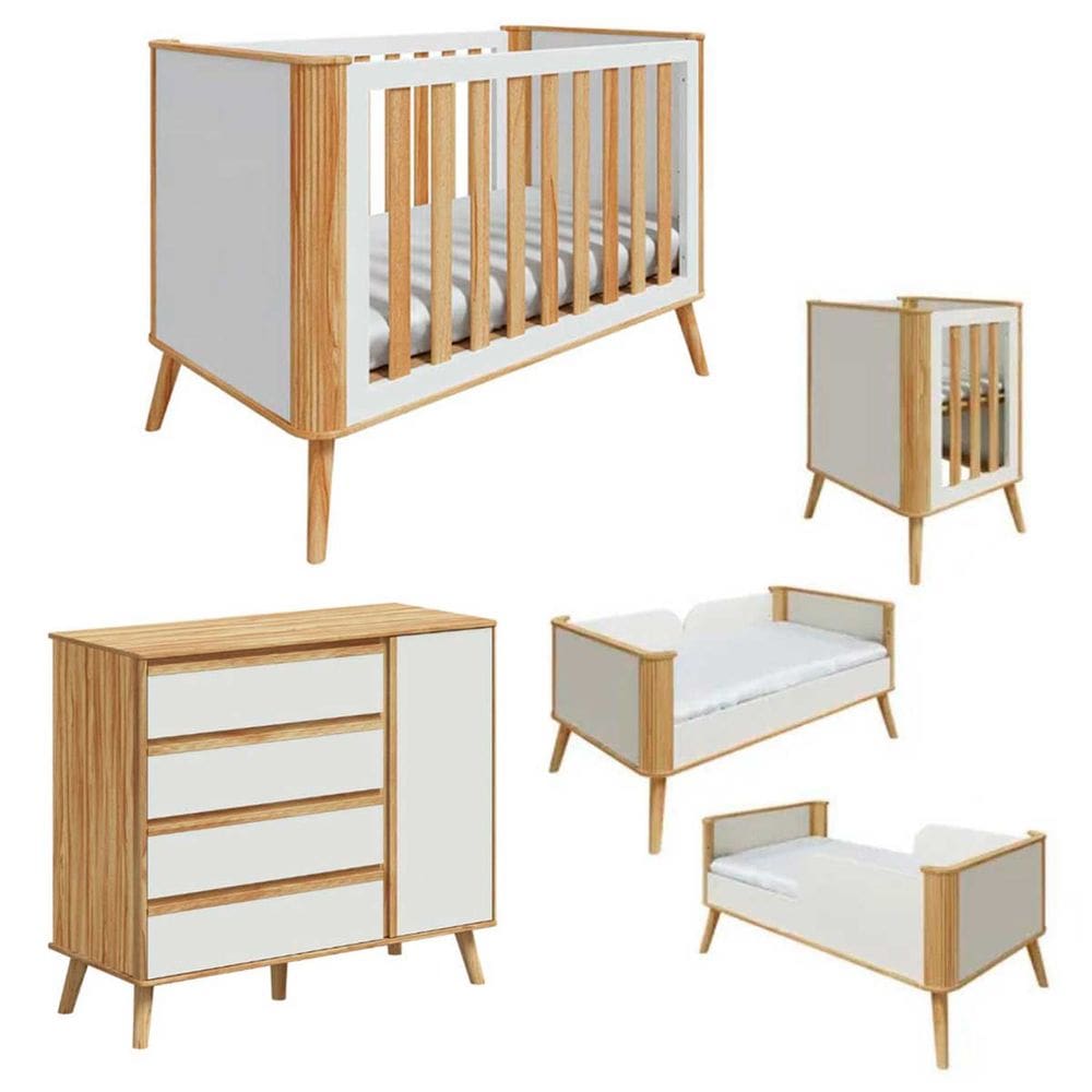 Mini Berço Com Cômoda Quarto De Bebê MDF Off White Amendoa