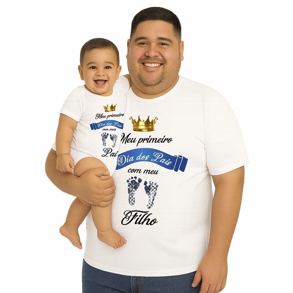 Camiseta Meu Primeiro Dia Dos Pais e Body Bebê Pezinho Azul Papai Tamanho Plus Size