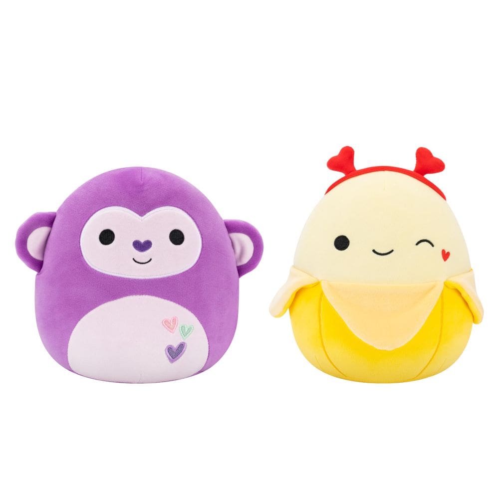 Brinquedo de pelúcia Squishmallows autêntico Hartman The Purple Monkey e Junie The Banana, pacote com 20 cm