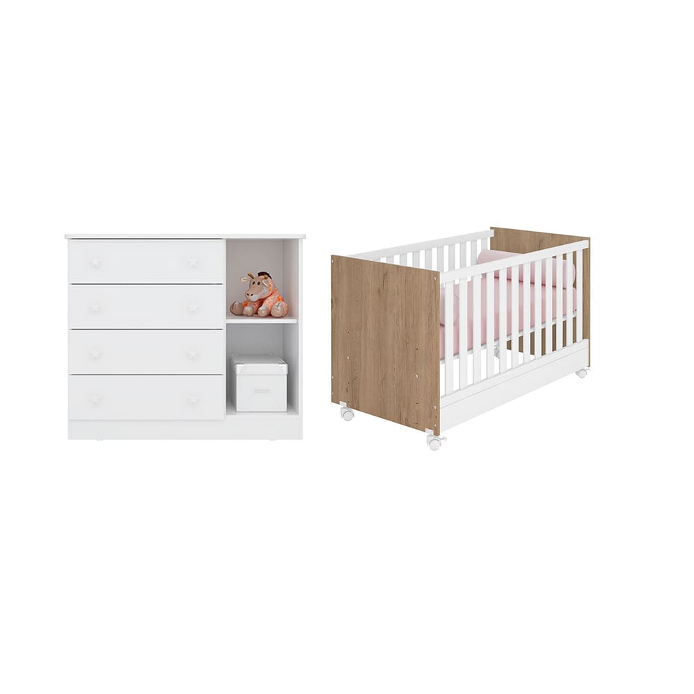 Kit Berço Mini Cama + Cômoda Carvalho Rústico Branco - Qmovi