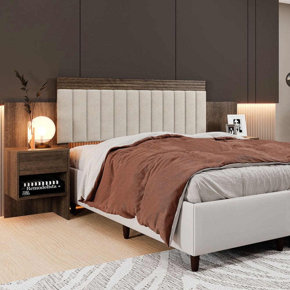 Cabeceira Estofada Extensível com 2 Mesas de Cabeceira Linho Master Benetil