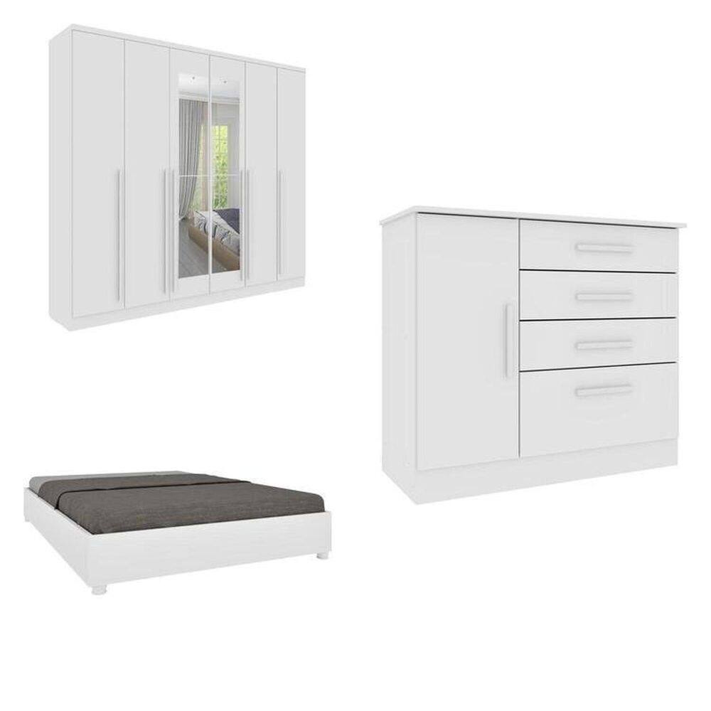 CONJUNTO GUARDA ROUPA CASAL COM PUXADOR MDF COM ESPELHO CAMA CASAL MONACO E CÔMODA ESPRESSO MÓVEIS Neve/Neve