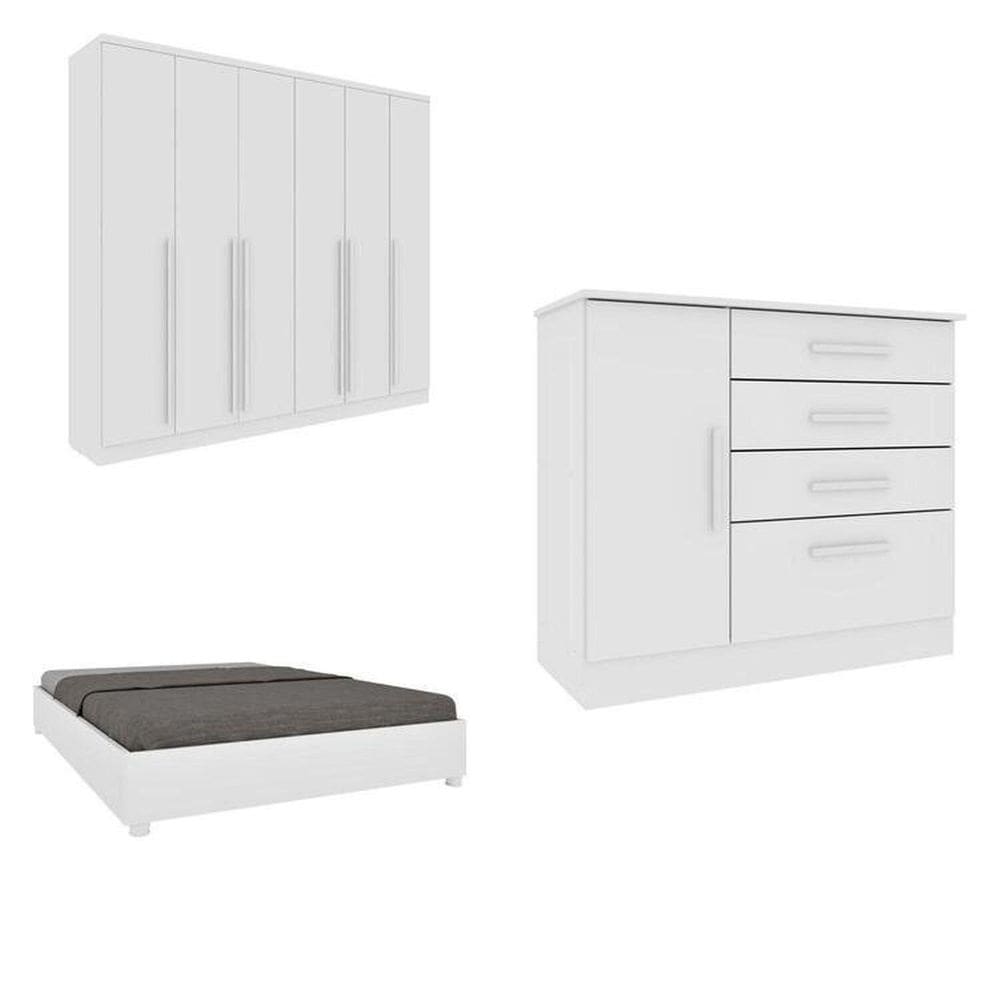 CONJUNTO GUARDA ROUPA CASAL COM PUXADOR MDF CAMA CASAL E CÔMODA ESPRESSO MÓVEIS Neve/Neve