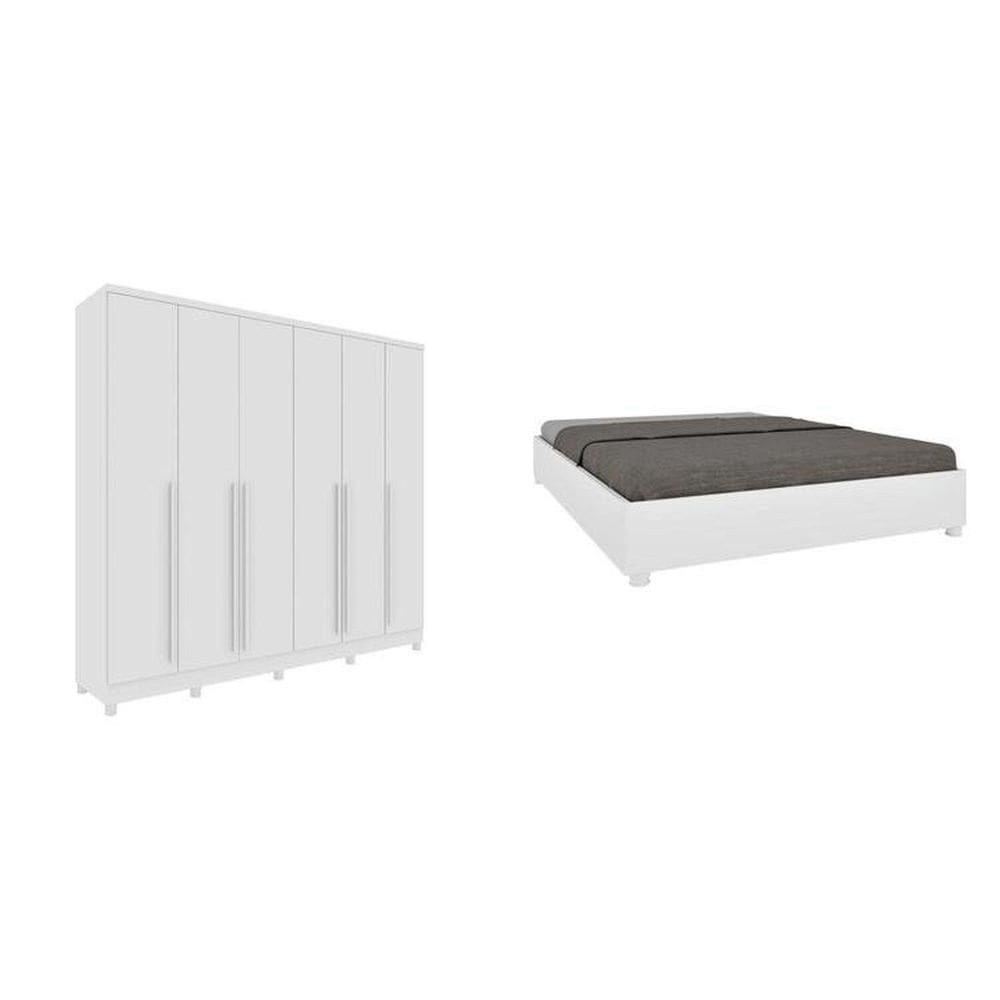 CONJUNTO GUARDA ROUPA CASAL 6 PORTAS 8 GAVETAS PUXADOR MDF COM PÉS E CAMA CASAL ESPRESSO MÓVEIS Neve/Neve