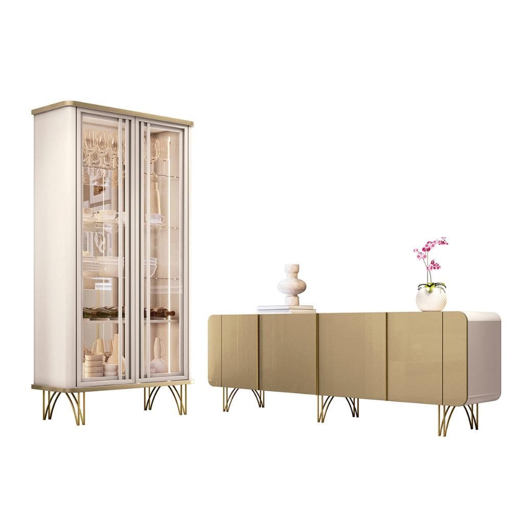 Kit de Aparador Buffet Saluti e Cristaleira Evora Pés de Aço
