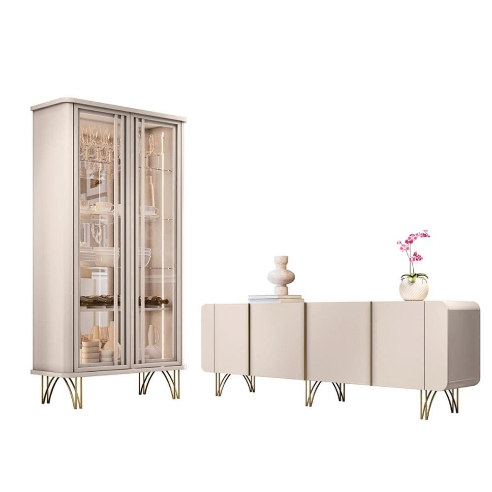 Kit de Aparador Buffet Saluti e Cristaleira Evora Pés de Aço