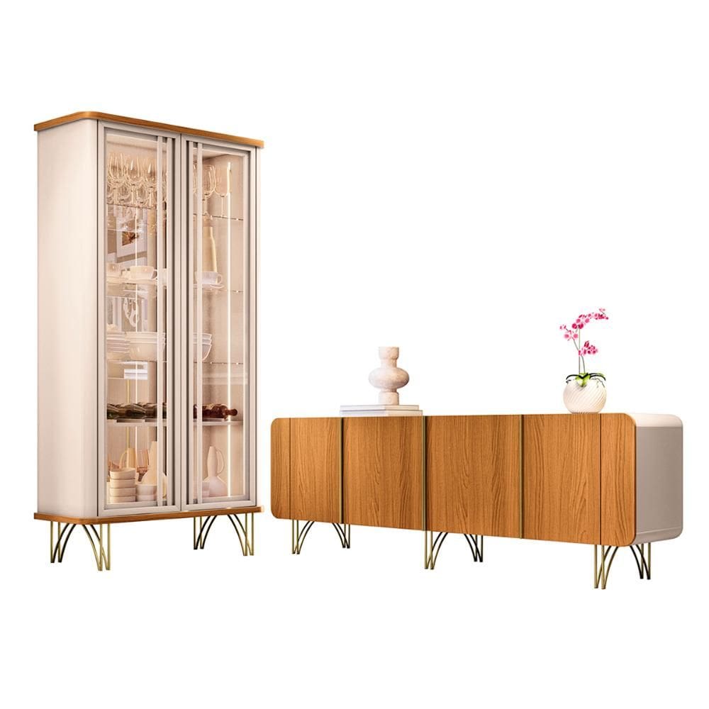 Kit de Aparador Buffet Saluti e Cristaleira Evora Pés de Aço