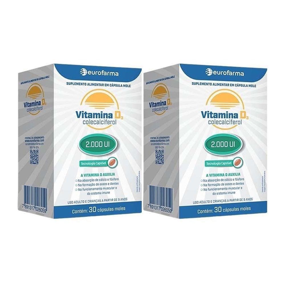 KIT 2 Vitaminas D3 2.000UI Eurofarma 30 cápsulas