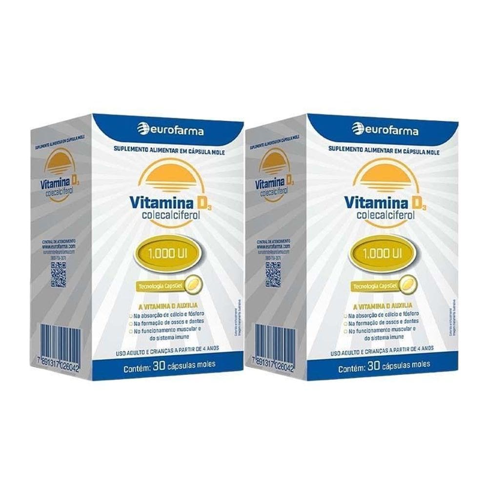 KIT 2 Vitaminas D3 1000UI Eurofarma 30 Cápsulas