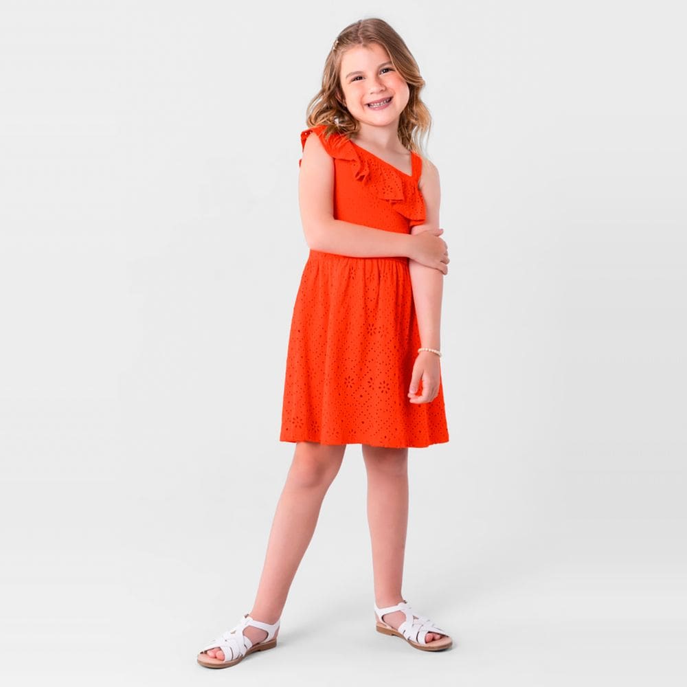 Vestido Infantil Menina Com Babado Laranja Brandili