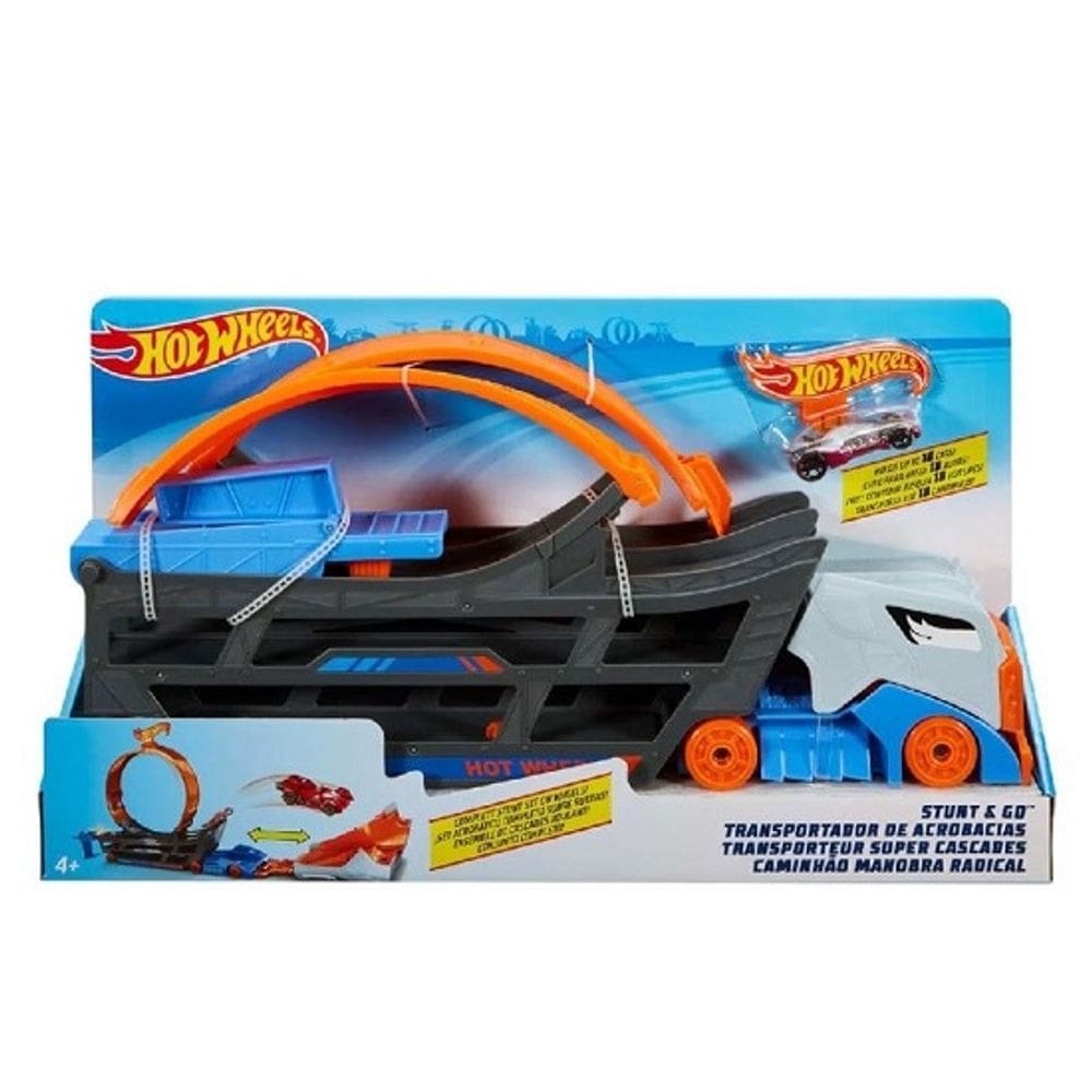 Hot Wheels City Caminhão Pista Acrobacias Stunt & Go Vem C/ 1 carrinho - Transporta ate 18 carrinhos  - Mattel