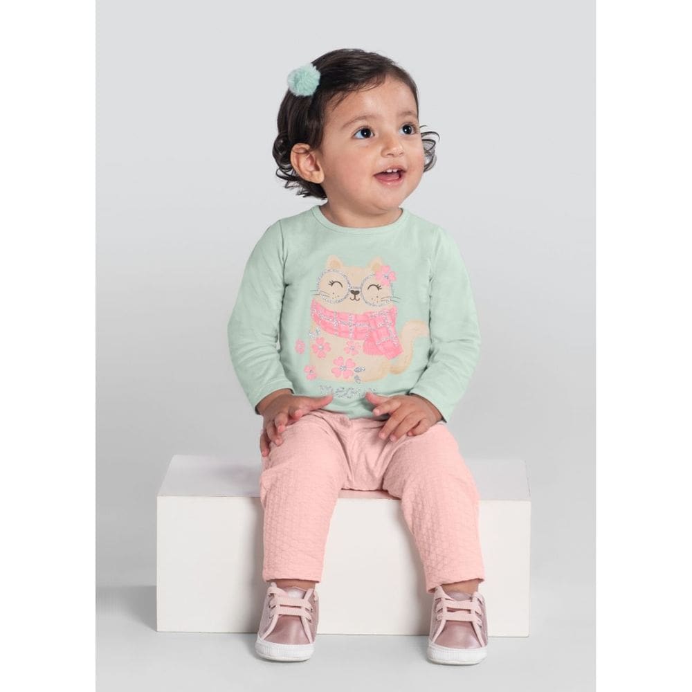 Blusa Bebê Menina Gatinho Com Glitter Verde Brandili