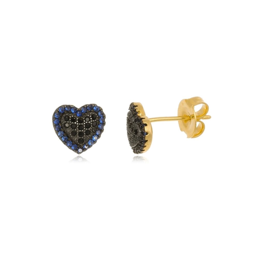 Brinco Boca Santa Semijoias Coração Diamante Negro/Safira Ou