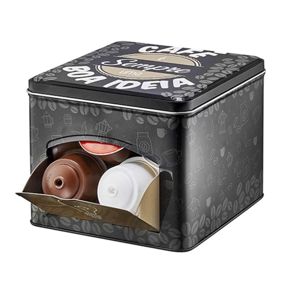 Porta Cápsulas Café Metal Quadrado Estampado Black 14,5X13Cm