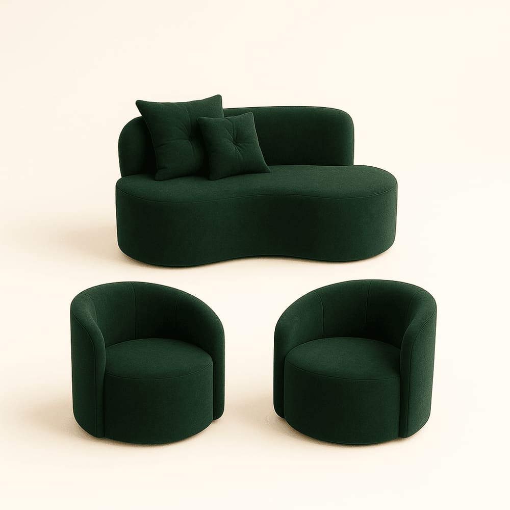 Conjunto Decorativo 02 Poltronas + Sofá Curvo Orgânico Nature Gaia Suede Verde - Montanaris Decor