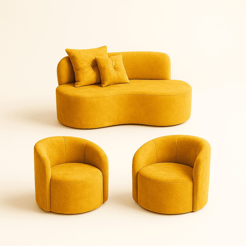 Conjunto Decorativo 02 Poltronas + Sofá Curvo Orgânico Nature Gaia Suede Amarelo - Montanaris Decor