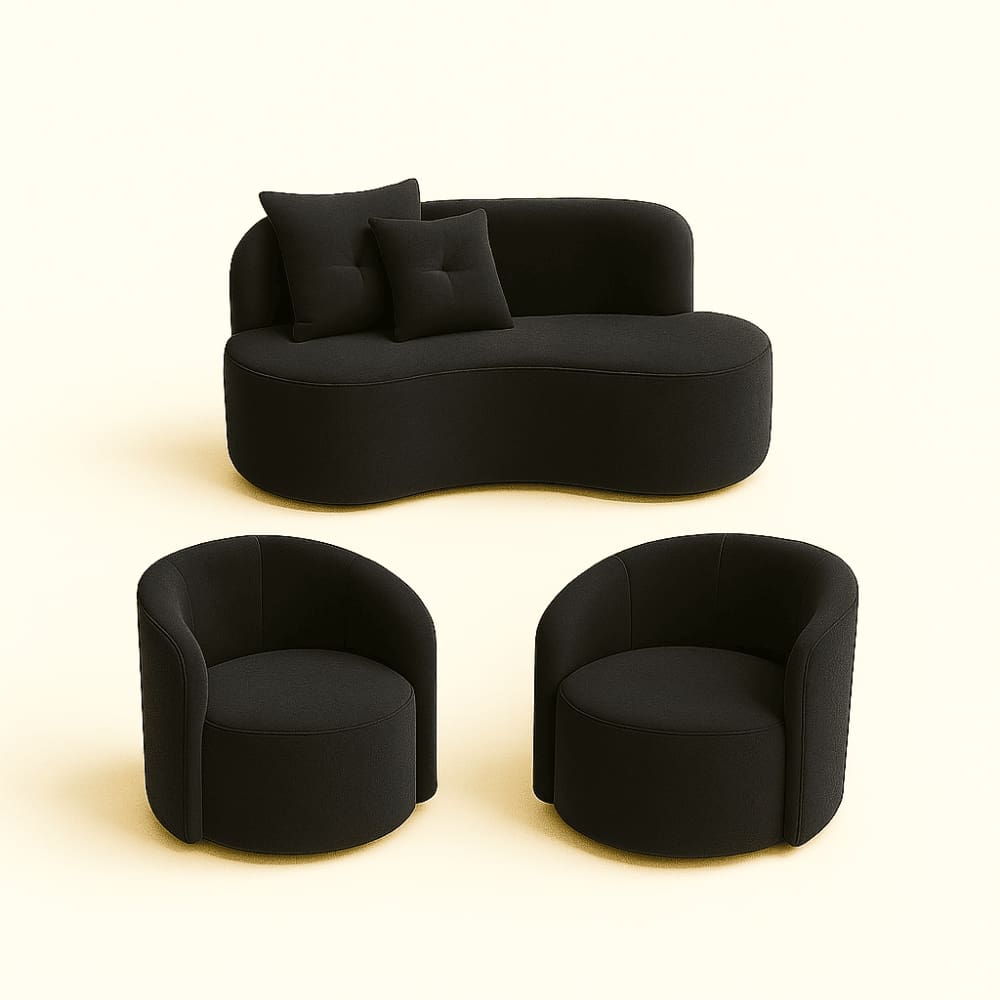 Conjunto Decorativo 02 Poltronas + Sofá Curvo Orgânico Nature Gaia Suede Preto - Montanaris Decor