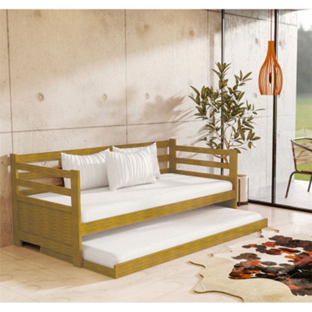 Sofá Cama Solteiro Madeira Imbuia Vintage Enjoy + Prateleira Rústica