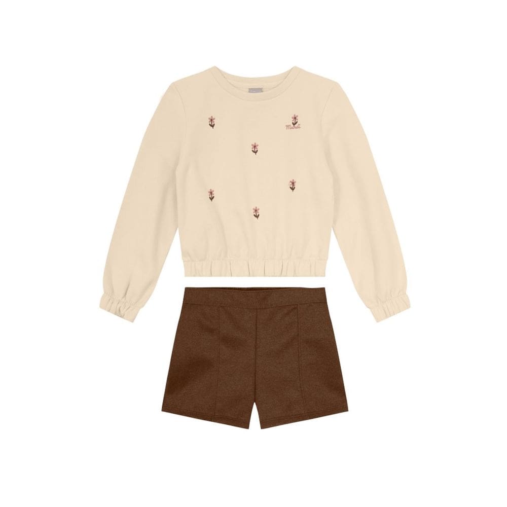 Conjunto Infantil Menina Com Bordado Fino Natural Mundi