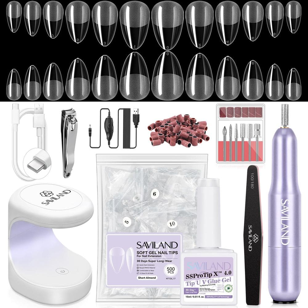 Kit de unhas em gel SAVILAND Pro com furadeira, 500 pontas de unhas, lâmpada UV
