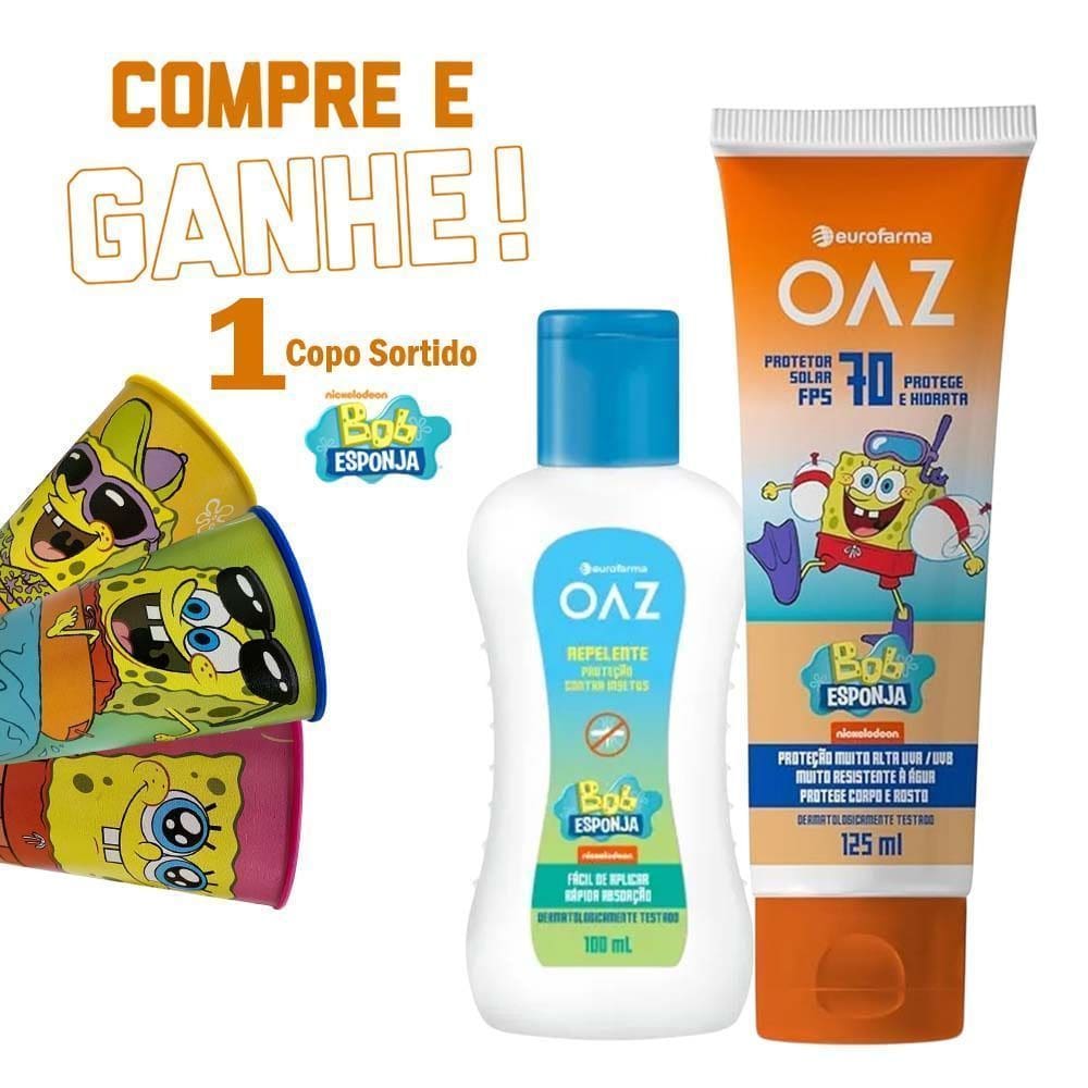 Protetor Solar OAZ Kids Bob Esponja FPS 70 125ml + Repelente Infantil OAZ Bob Esponja 4h Proteção Eurofarma 100ml