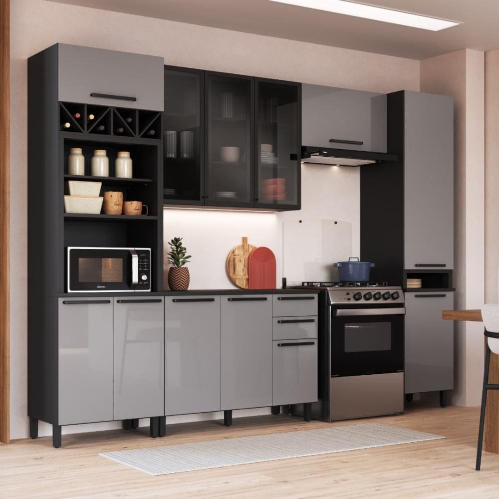 Cozinha Modulada Completa Fidelitá Mônaco 5 Peças 320cm 12 Portas 2 Gavetas Com Tampo Cinza/Titânio