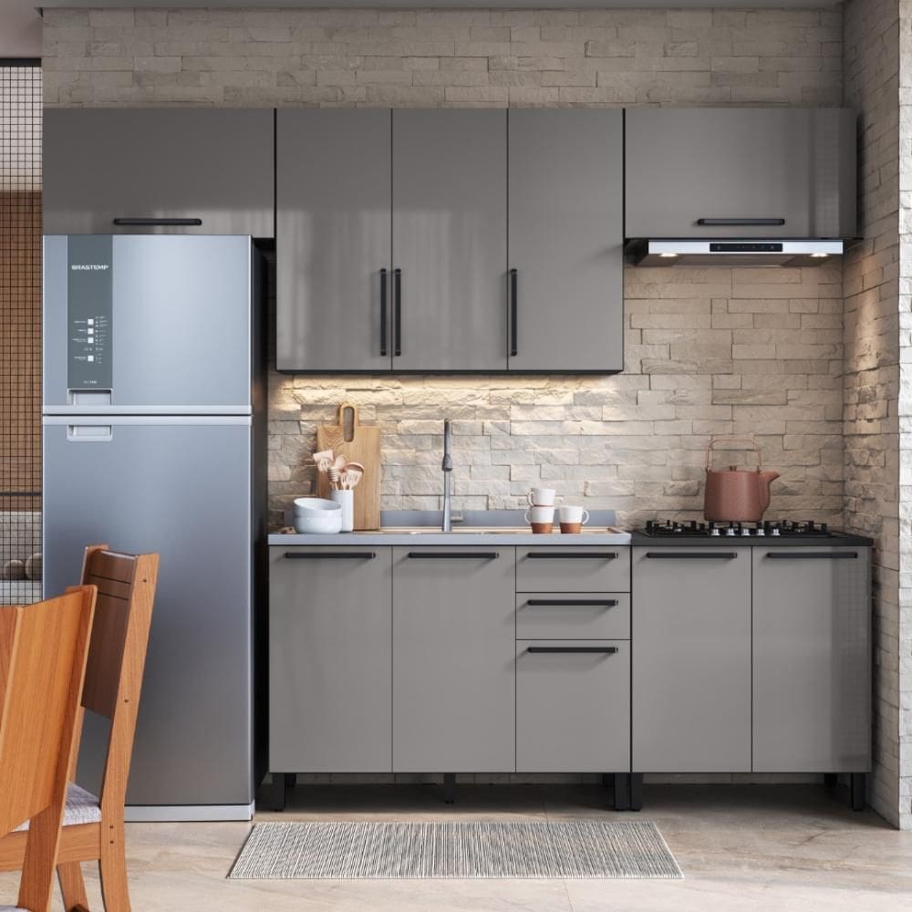 Cozinha Modulada Completa Fidelitá Mônaco 5 Peças 280cm 10 Portas 2 Gavetas Sem Tampo Cinza/Titânio
