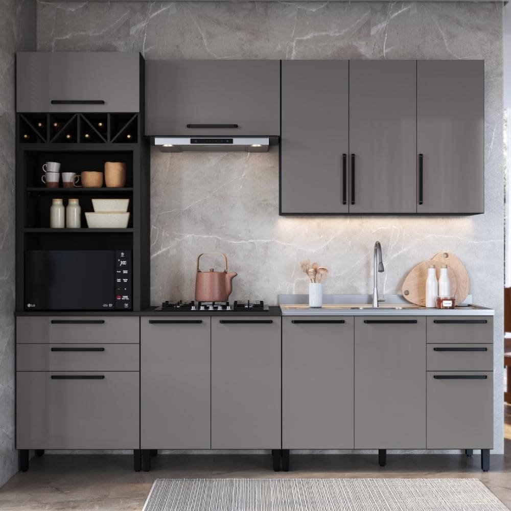 Cozinha Modulada Completa Fidelitá Mônaco 5 Peças 270cm 11 Portas 4 Gavetas Sem Tampo Cinza/Titânio