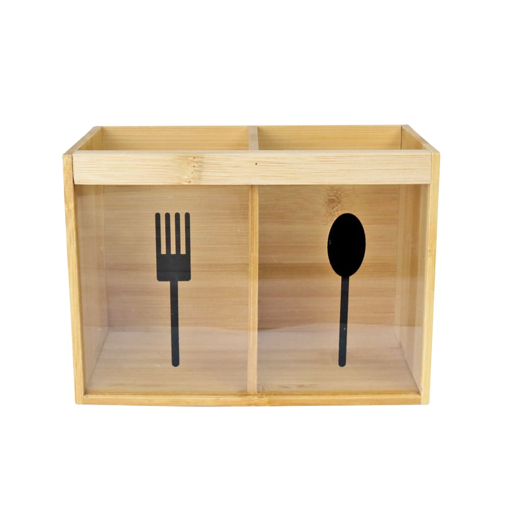 Porta Talheres De Bambu E Acrílico Com 2 Divisorias 18Cm