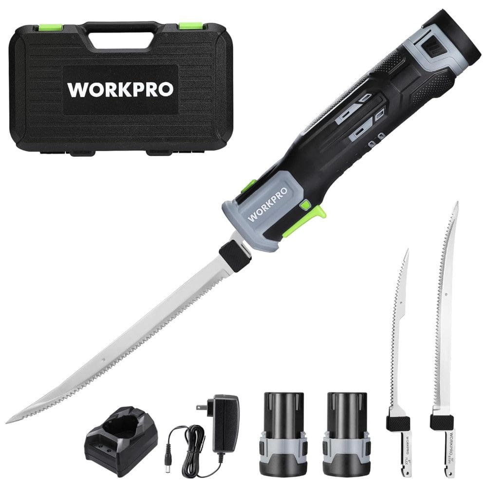 Faca Elétrica Sem Fio WORKPRO 12V para Filé de Peixes com Lâminas de 8 e 10 Polegadas, Cabo com Empunhadura Antiderrapante e Trava de