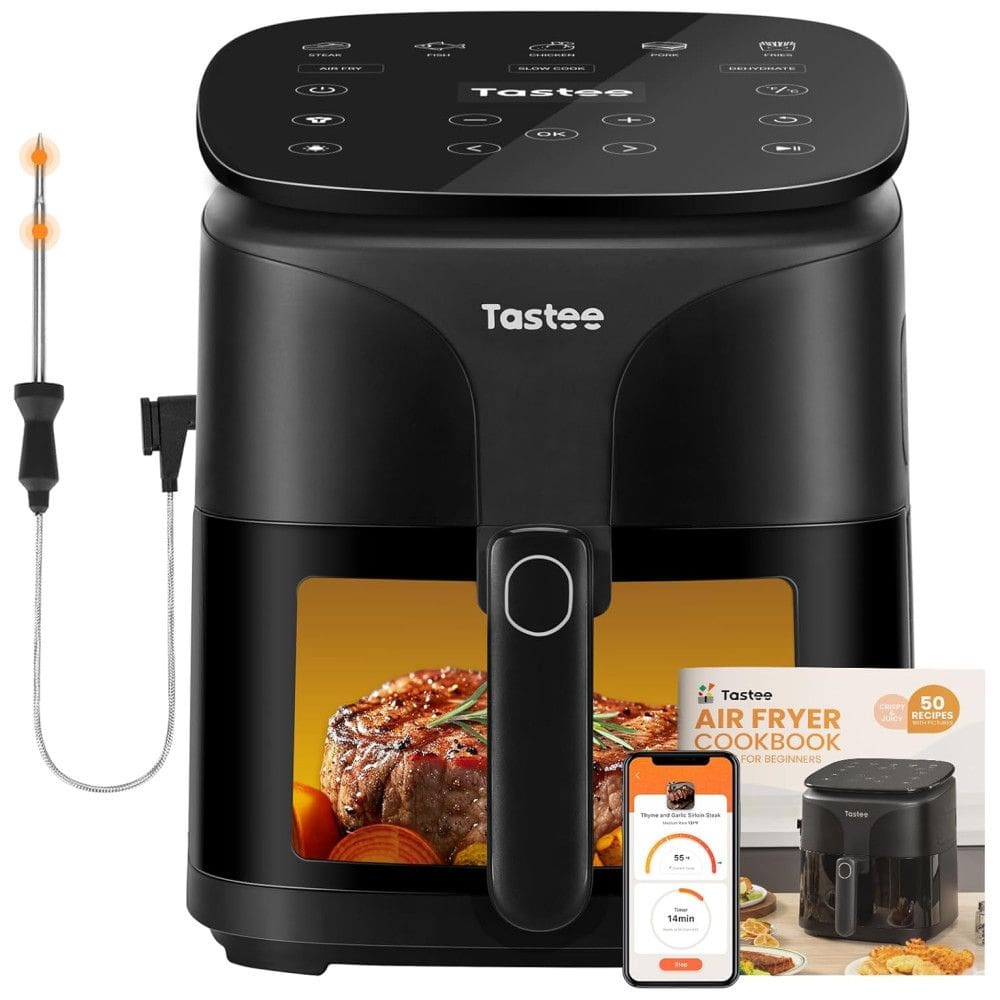 Air Fryer 8 em 1, 5.1L com 24 Predefinições de Cozimento, Janela de Visualização, Sonda Inteligente de Sensor Duplo, Cesto Antiaderente e