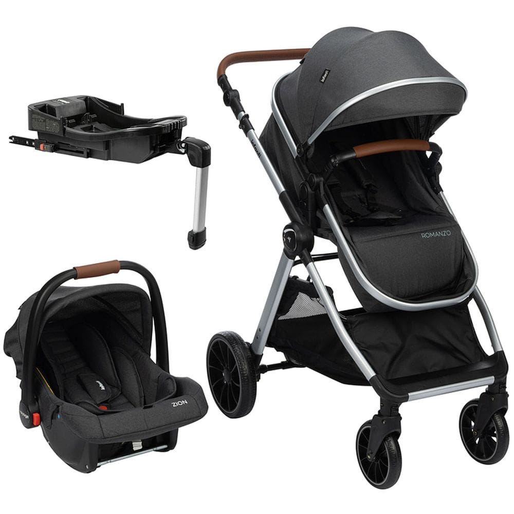 Carrinho de Bebê Infanti Romanzo 3 em 1 Berço Passeio Moisés com Bebê Conforto e Base Isofix Veicular TRIO Travel System 0 a 15 Kg Preto Granizo