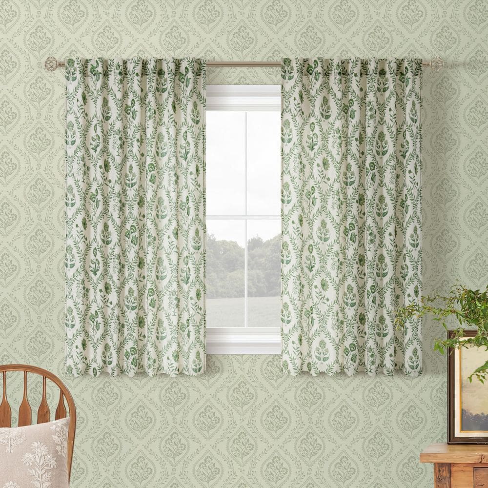 Cortinas: DOIS PAINÉIS, verde oliva, linho floral, 115x114cm, 2 painéis