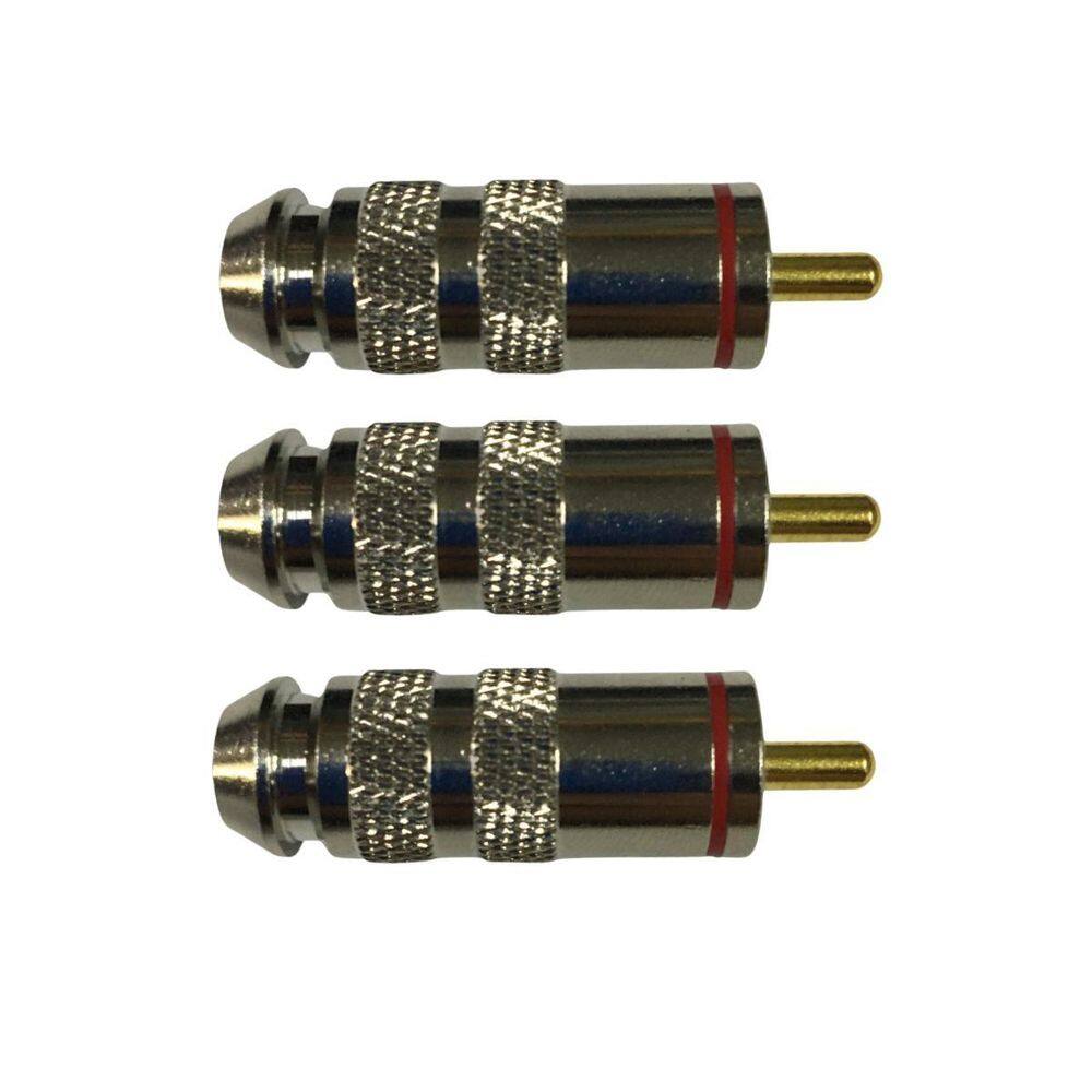 Kit 3 Plug Rca Macho Metal Cromado Ponta Dourada - Vermelho