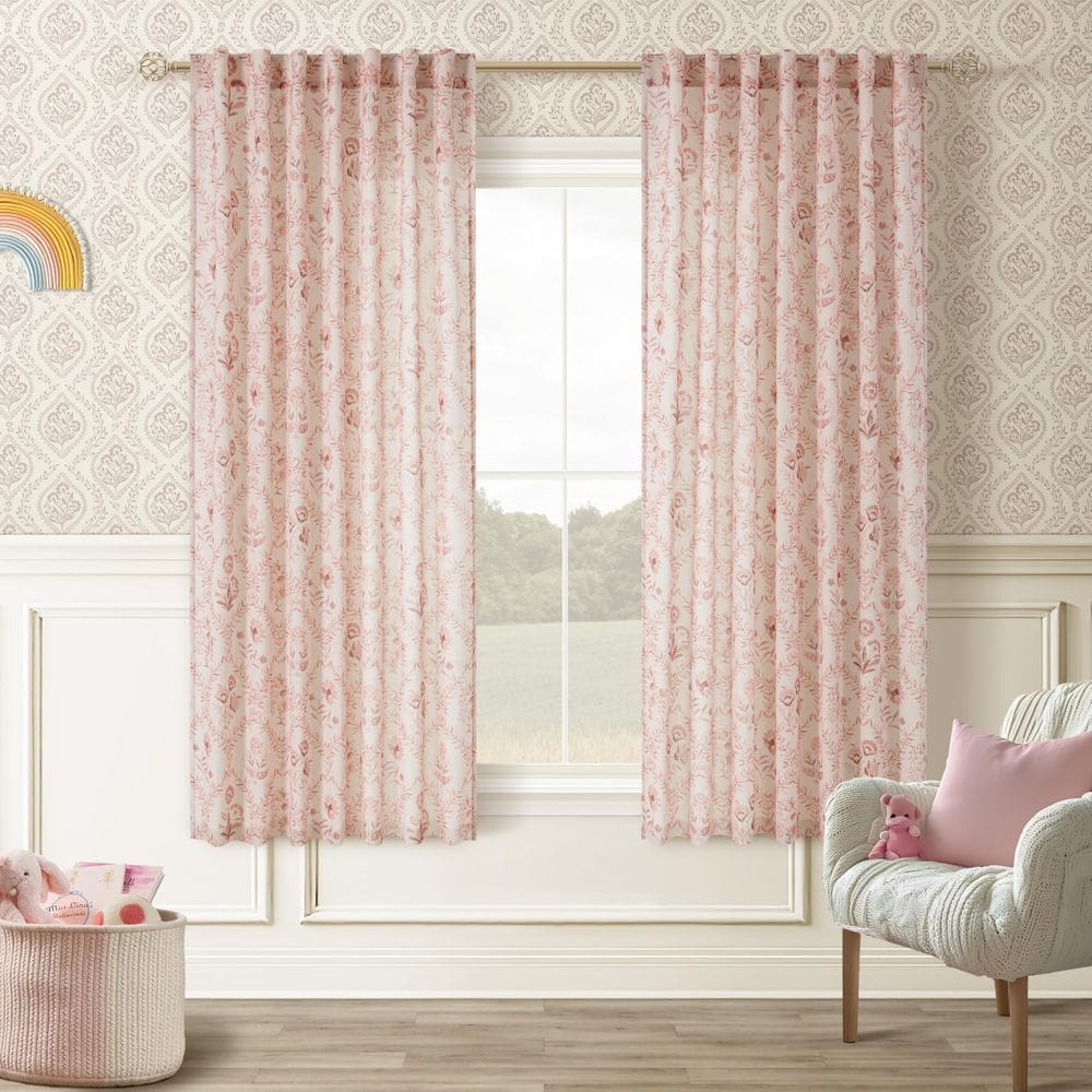 Cortinas TWOPANELS: linho floral rosa 160x160cm, conjunto de 2 painéis